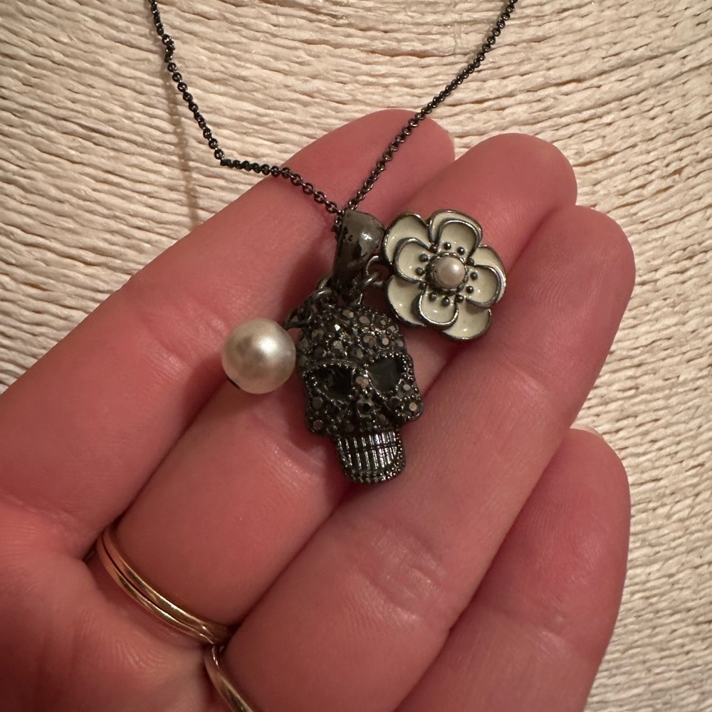 French Connection | Skull Pendant Necklace with Pearl and Flower Charms